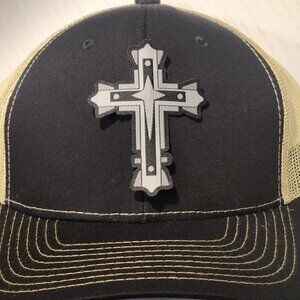 Cross Patched Black/Vegas Gold Mesh Snapback Trucker Hat